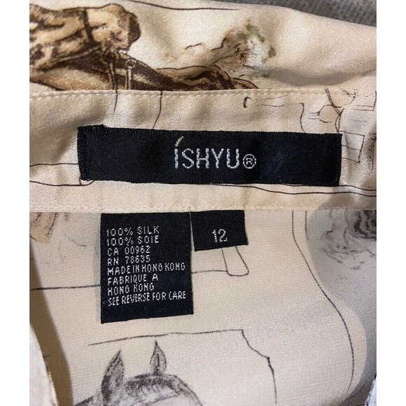 Vintage Ishyu Shirt Womens 12 Cream Silk Equestrian Horse Print Button Front 90s - Picture 7 of 15